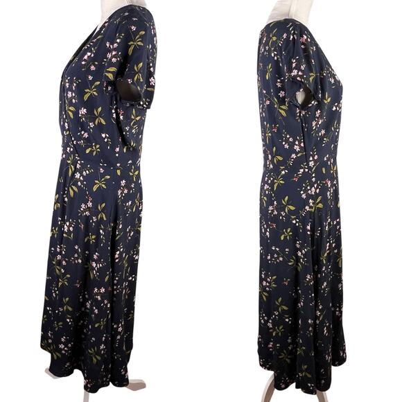 Ann Taylor Navy Blue Floral Midi Faux Wrap Dress 12T - Picture 3 of 14